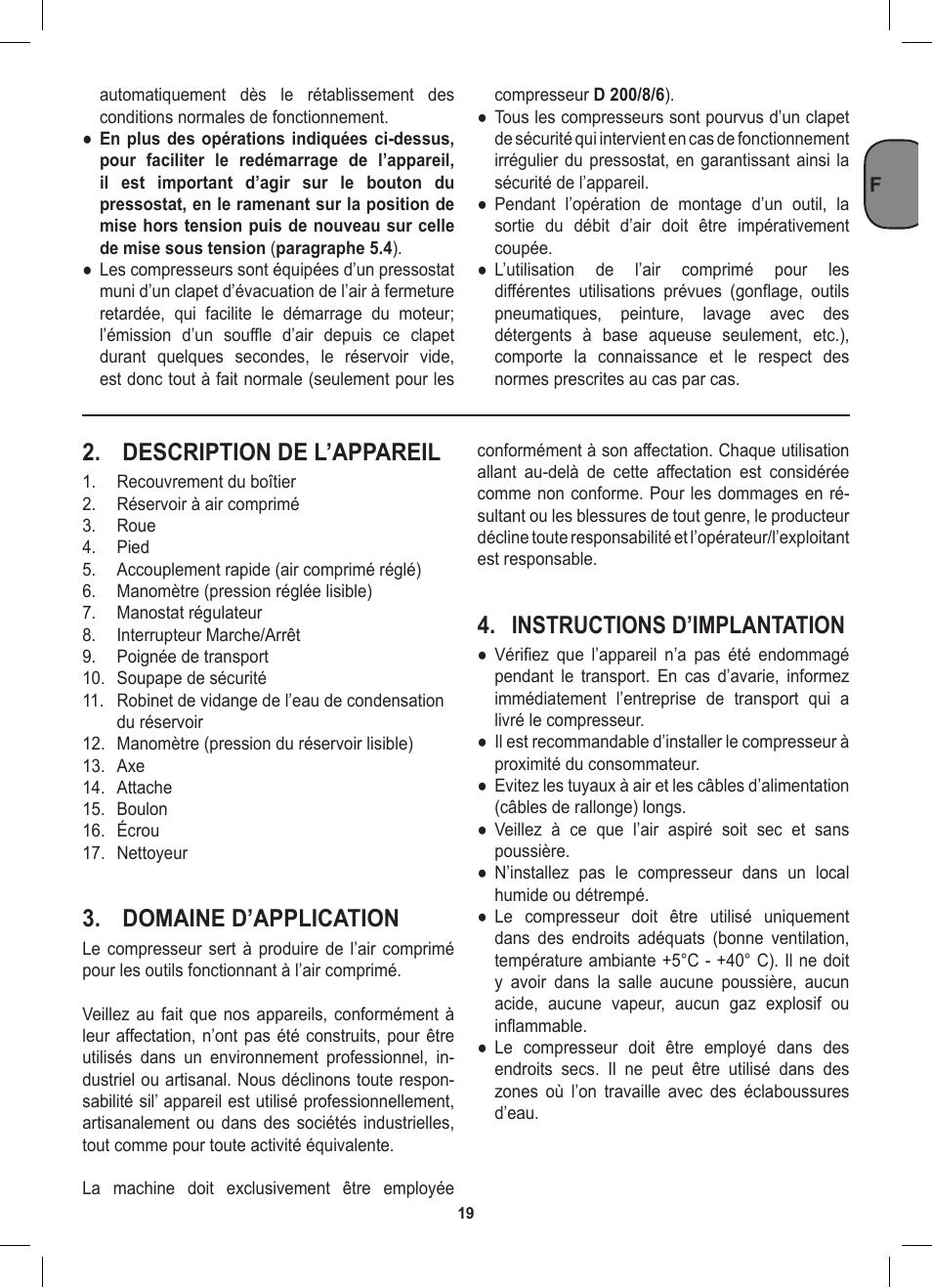 Description de l’appareil, Domaine d’application, Instructions d’implantation | Stanley D 200/8/6 User Manual | Page 19 / 80