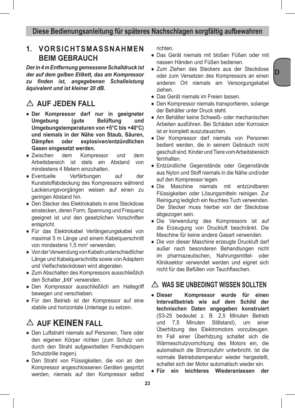 Keinen, Vorsichtsmassnahmen beim gebrauch, Auf jeden fall | Fall, Was sie unbedingt wissen sollten | Stanley D 200/8/6 User Manual | Page 23 / 80