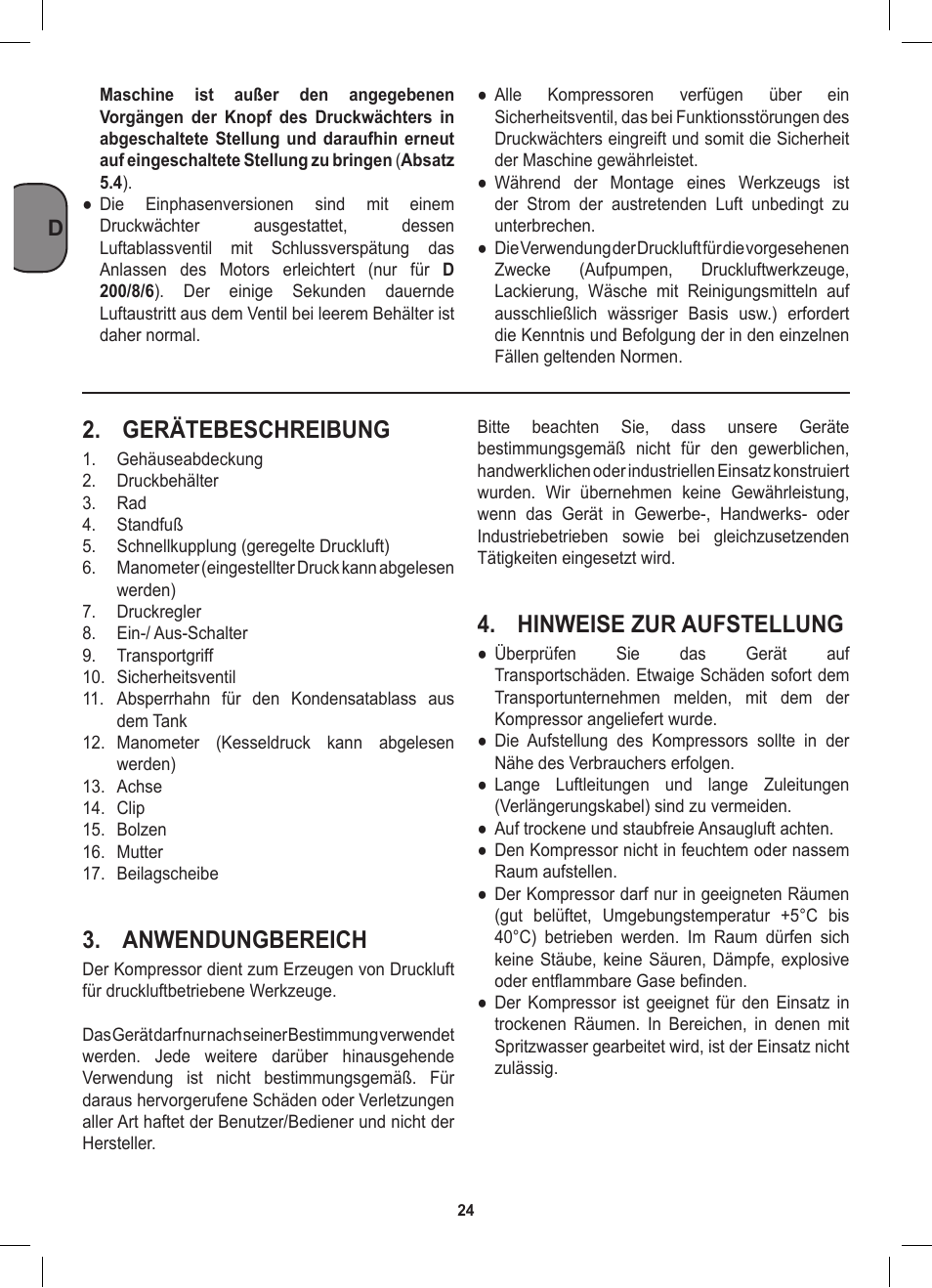 Gerätebeschreibung, Anwendungbereich, Hinweise zur aufstellung | Stanley D 200/8/6 User Manual | Page 24 / 80