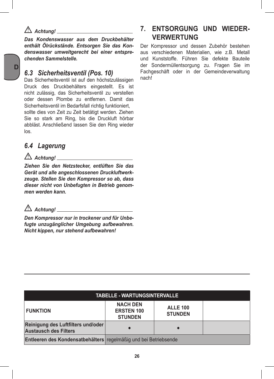 3 sicherheitsventil (pos. 10), 4 lagerung, Entsorgung und wieder- verwertung | Stanley D 200/8/6 User Manual | Page 26 / 80