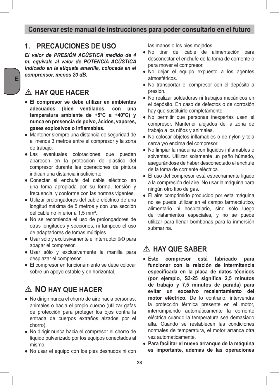Precauciones de uso, Hay que hacer, Hay que saber | Stanley D 200/8/6 User Manual | Page 28 / 80