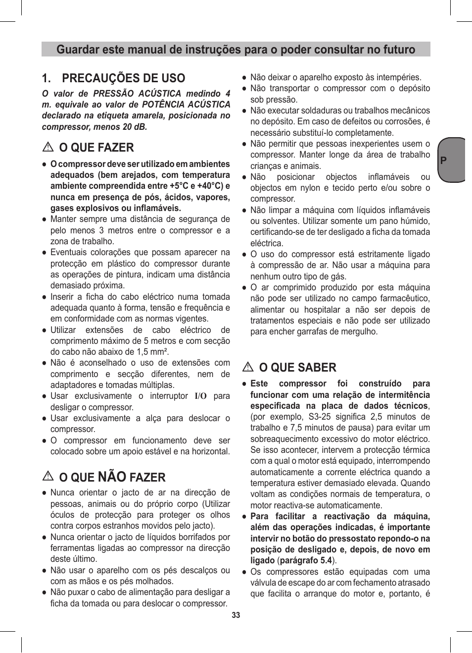 Precauções de uso, O que fazer, O que | Fazer, O que saber | Stanley D 200/8/6 User Manual | Page 33 / 80