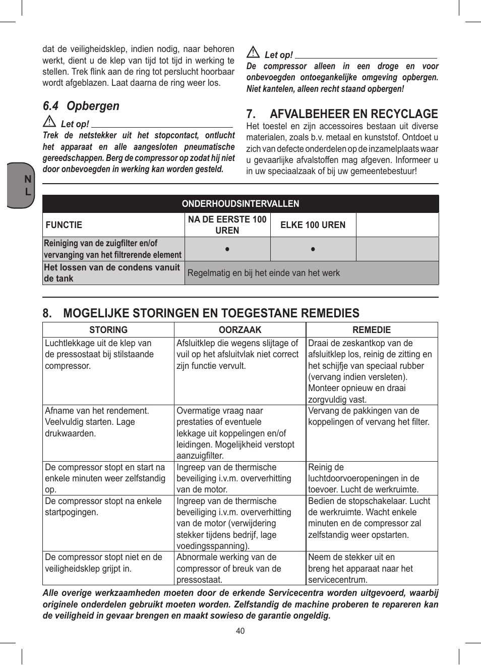 4 opbergen, Afvalbeheer en recyclage, Mogelijke storingen en toegestane remedies | Stanley D 200/8/6 User Manual | Page 40 / 80
