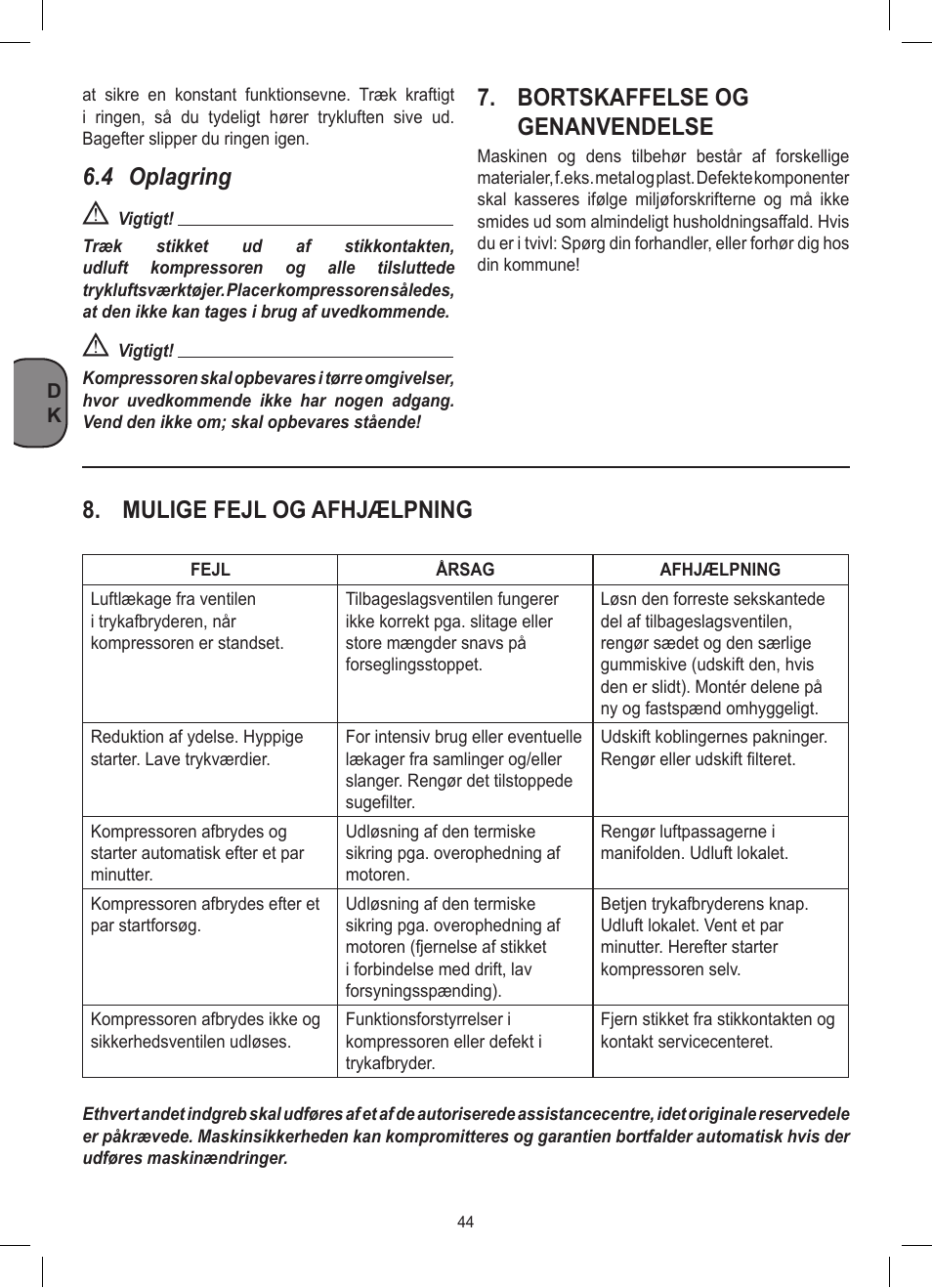 4 oplagring, Bortskaffelse og genanvendelse, Mulige fejl og afhjælpning | Stanley D 200/8/6 User Manual | Page 44 / 80