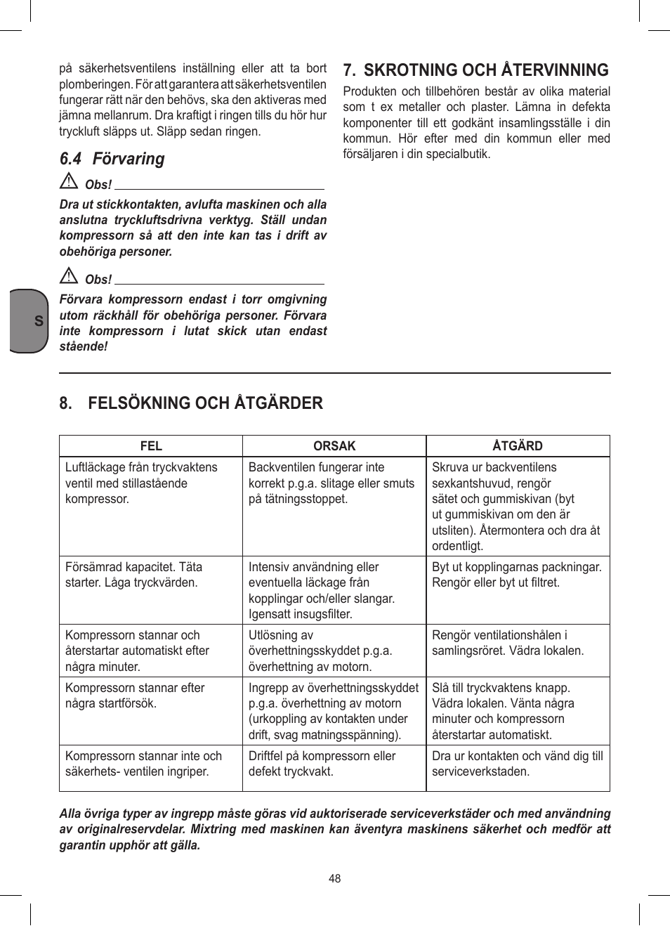 4 förvaring, Skrotning och återvinning, Felsökning och åtgärder | Stanley D 200/8/6 User Manual | Page 48 / 80