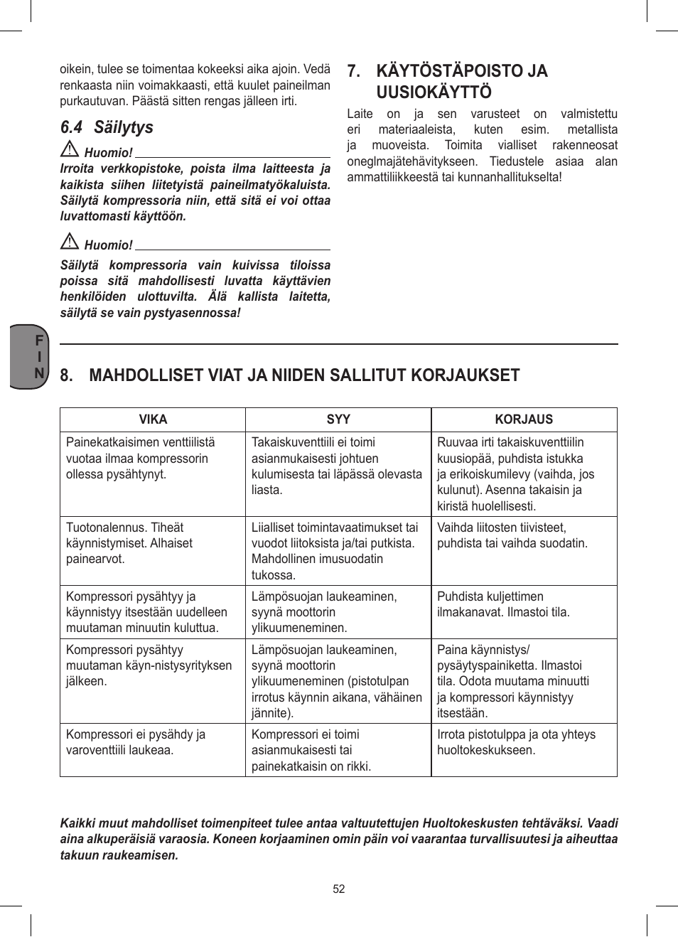 4 säilytys, Käytöstäpoisto ja uusiokäyttö, Mahdolliset viat ja niiden sallitut korjaukset | Stanley D 200/8/6 User Manual | Page 52 / 80