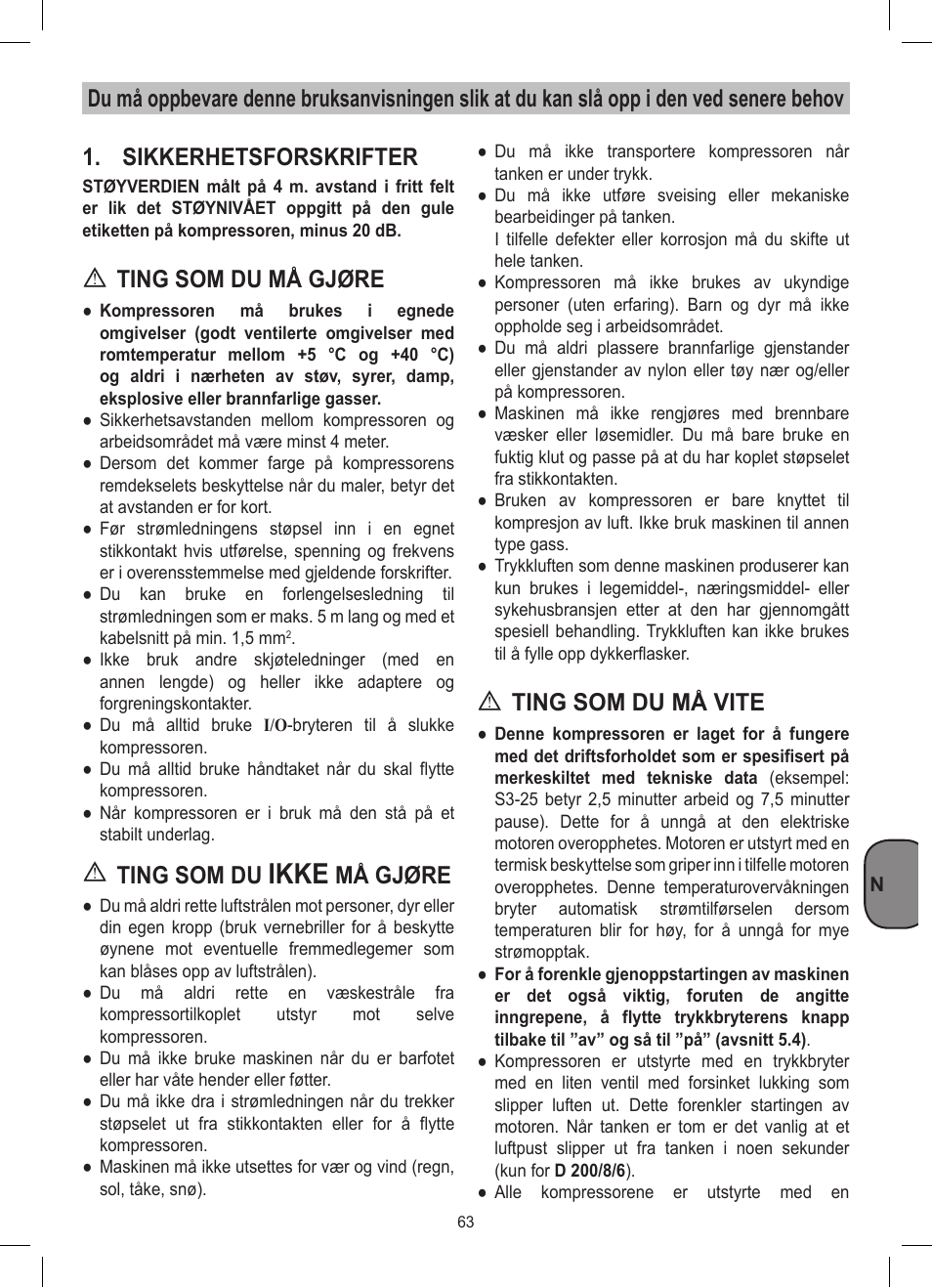 Ikke, Ting som du må gjøre, Ting som du | Må gjøre, Ting som du må vite | Stanley D 200/8/6 User Manual | Page 63 / 80