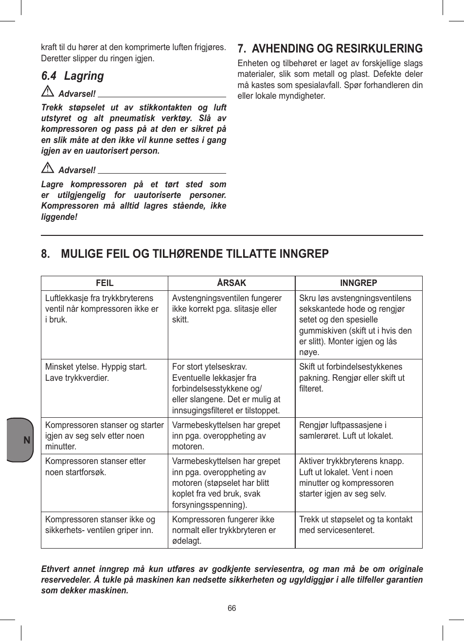 4 lagring, Avhending og resirkulering, Mulige feil og tilhørende tillatte inngrep | Stanley D 200/8/6 User Manual | Page 66 / 80