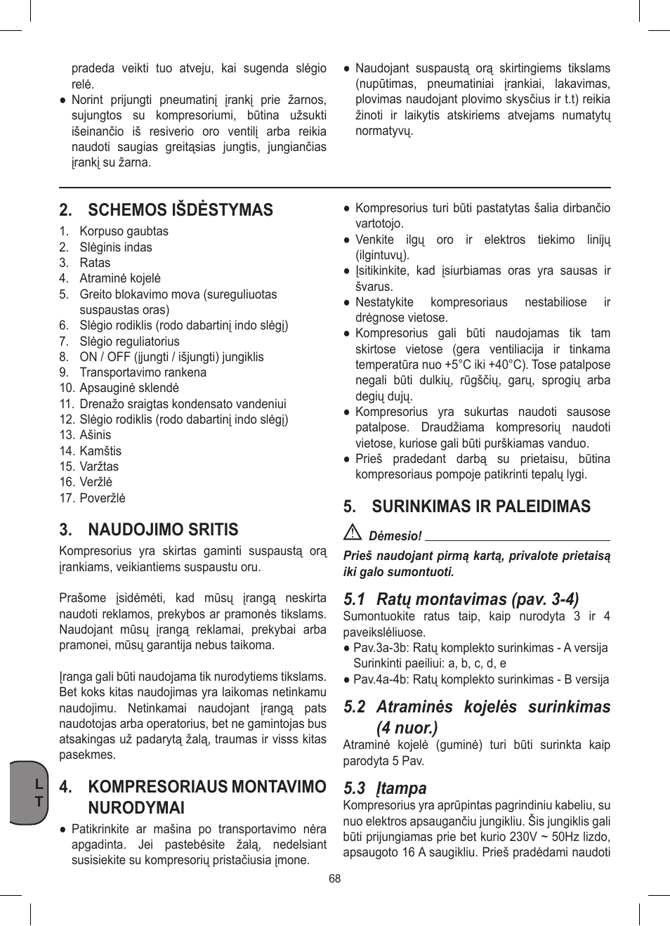 Schemos išdėstymas, Naudojimo sritis, Kompresoriaus montavimo nurodymai | Surinkimas ir paleidimas, 1 ratų montavimas (pav. 3-4), 2 atraminės kojelės surinkimas (4 nuor.), 3 įtampa | Stanley D 200/8/6 User Manual | Page 68 / 80