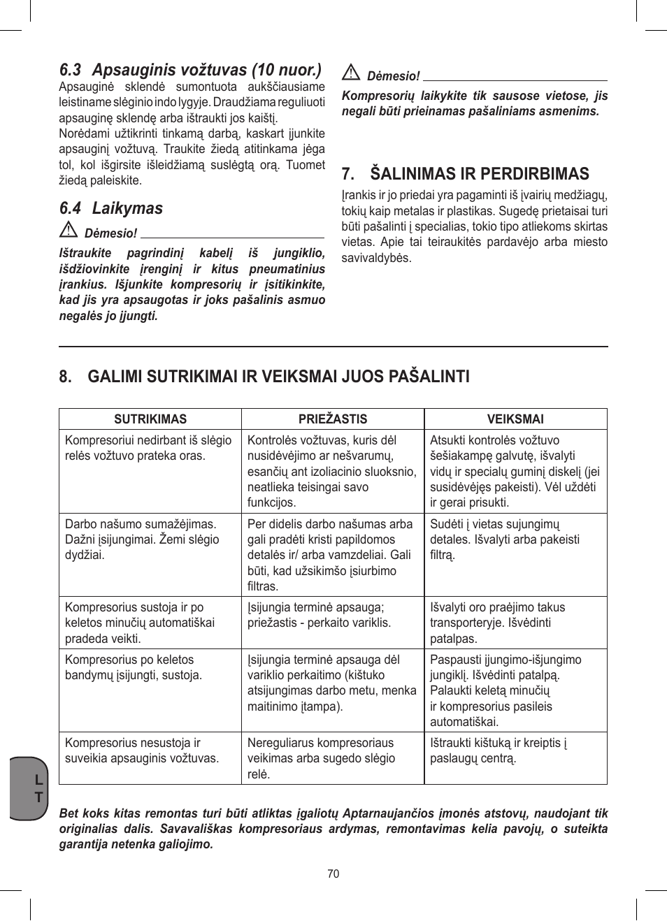 3 apsauginis vožtuvas (10 nuor.), 4 laikymas, Šalinimas ir perdirbimas | Galimi sutrikimai ir veiksmai juos pašalinti | Stanley D 200/8/6 User Manual | Page 70 / 80