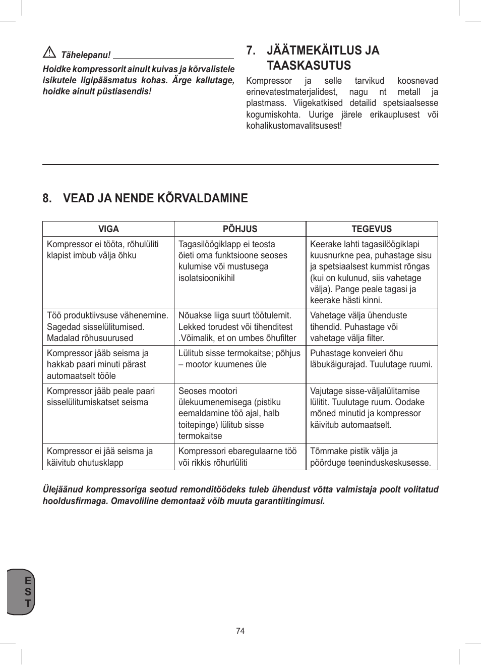 Jäätmekäitlus ja taaskasutus, Vead ja nende kõrvaldamine | Stanley D 200/8/6 User Manual | Page 74 / 80