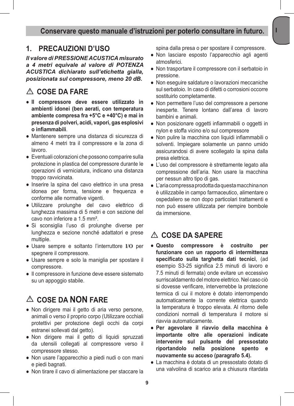 Precauzioni d’uso, Cose da fare, Cose da | Fare, Cose da sapere | Stanley D 200/8/6 User Manual | Page 9 / 80
