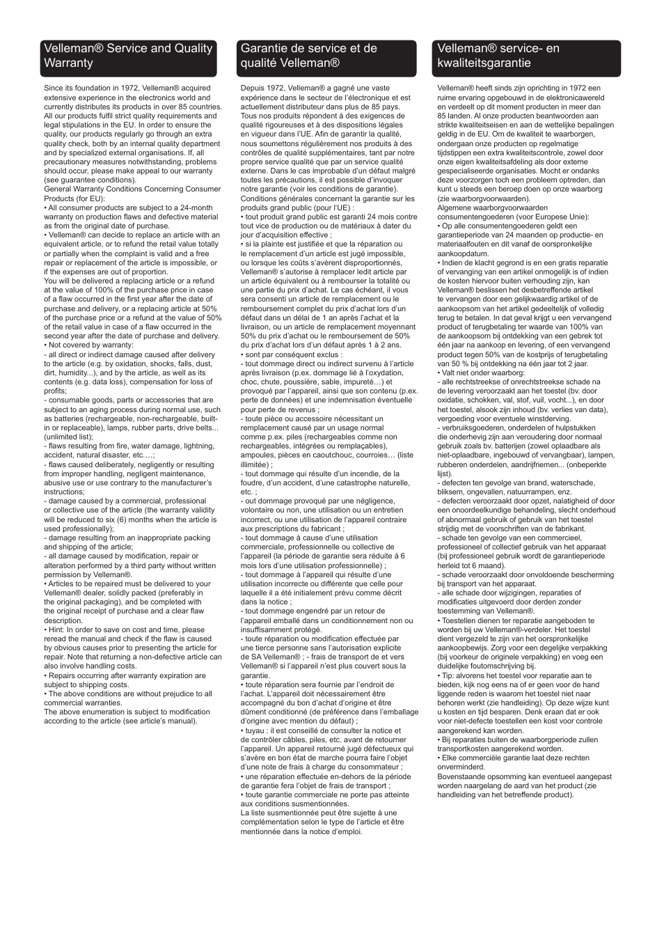 Velleman® service and quality warranty, Garantie de service et de qualité velleman, Velleman® service- en kwaliteitsgarantie | Velleman WB043 User Manual | Page 12 / 14