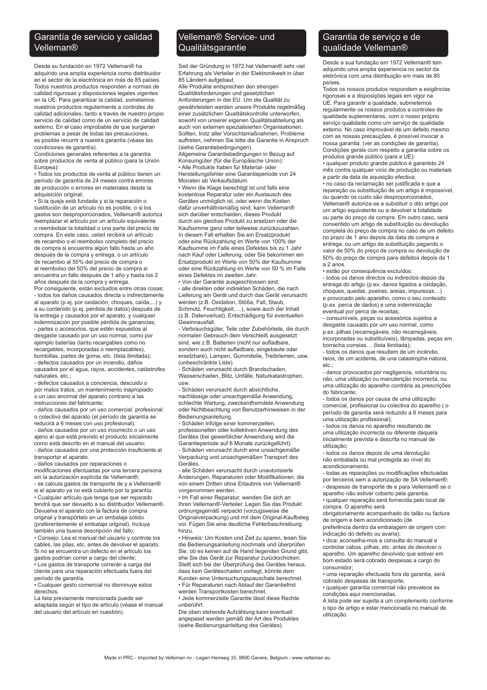Garantía de servicio y calidad velleman, Velleman® service- und qualitätsgarantie, Garantia de serviço e de qualidade velleman | Velleman WB043 User Manual | Page 13 / 14