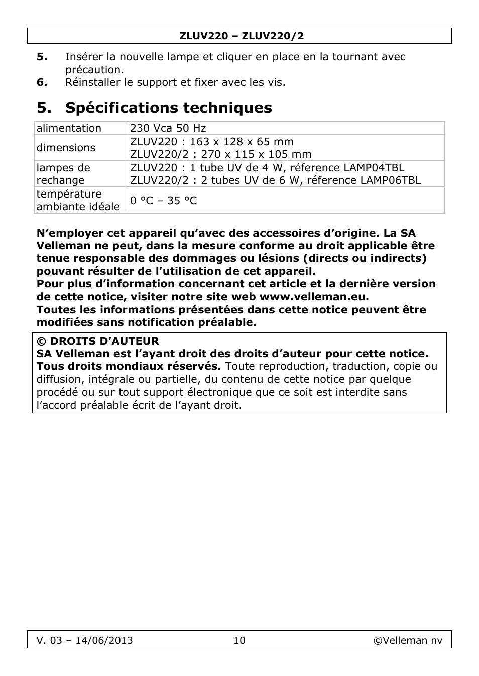 Spécifications techniques | Velleman ZLUV220 User Manual | Page 10 / 18