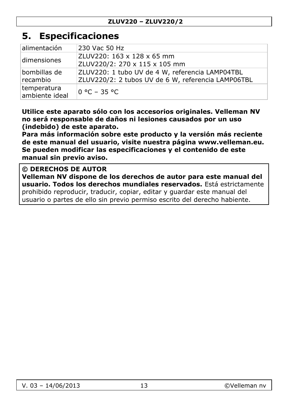 Especificaciones | Velleman ZLUV220 User Manual | Page 13 / 18
