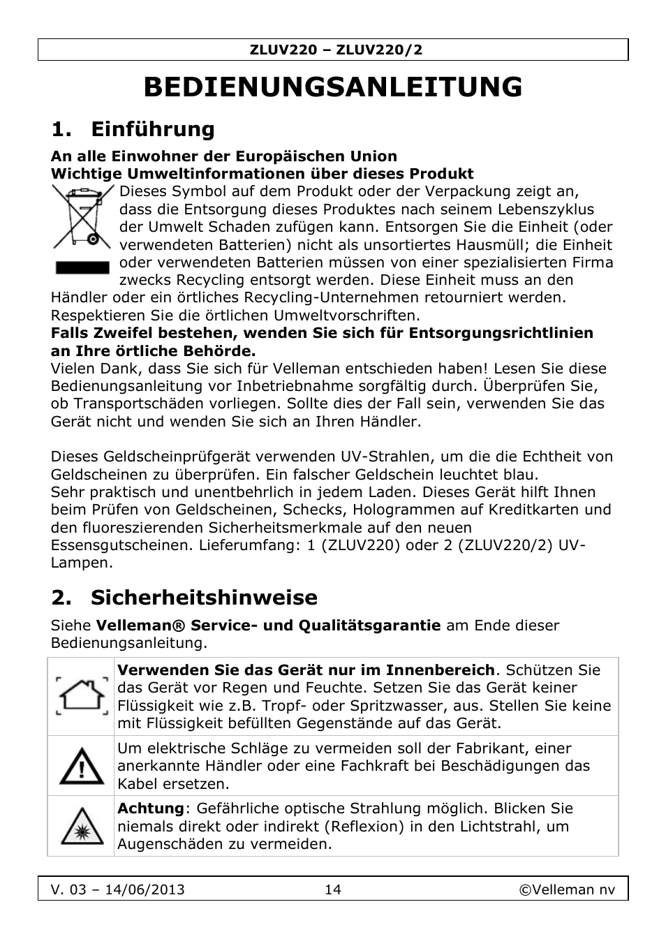 Bedienungsanleitung, Einführung, Sicherheitshinweise | Velleman ZLUV220 User Manual | Page 14 / 18
