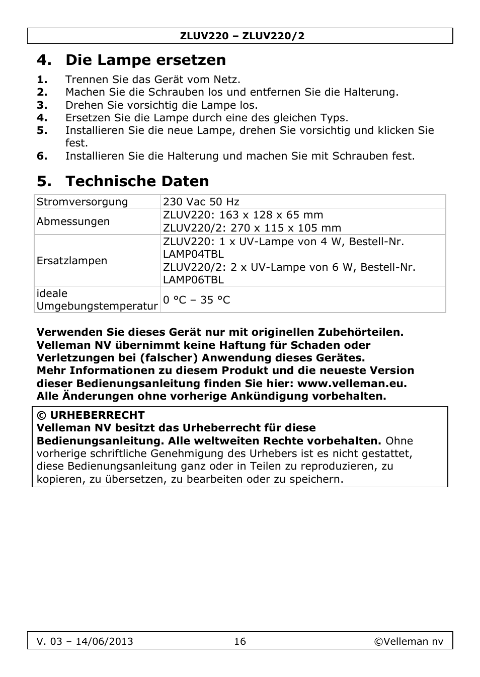 Die lampe ersetzen, Technische daten | Velleman ZLUV220 User Manual | Page 16 / 18