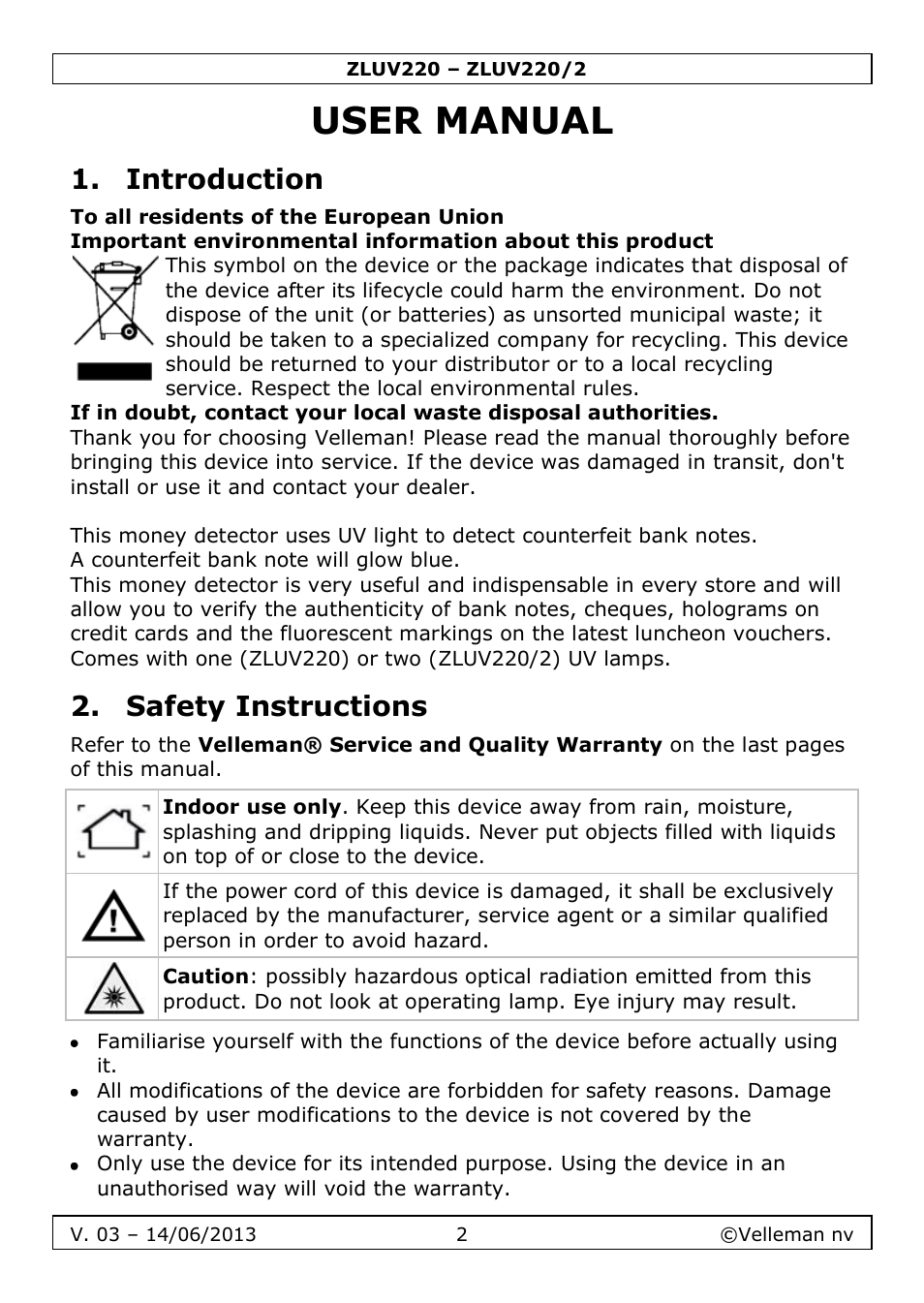 User manual, Introduction, Safety instructions | Velleman ZLUV220 User Manual | Page 2 / 18