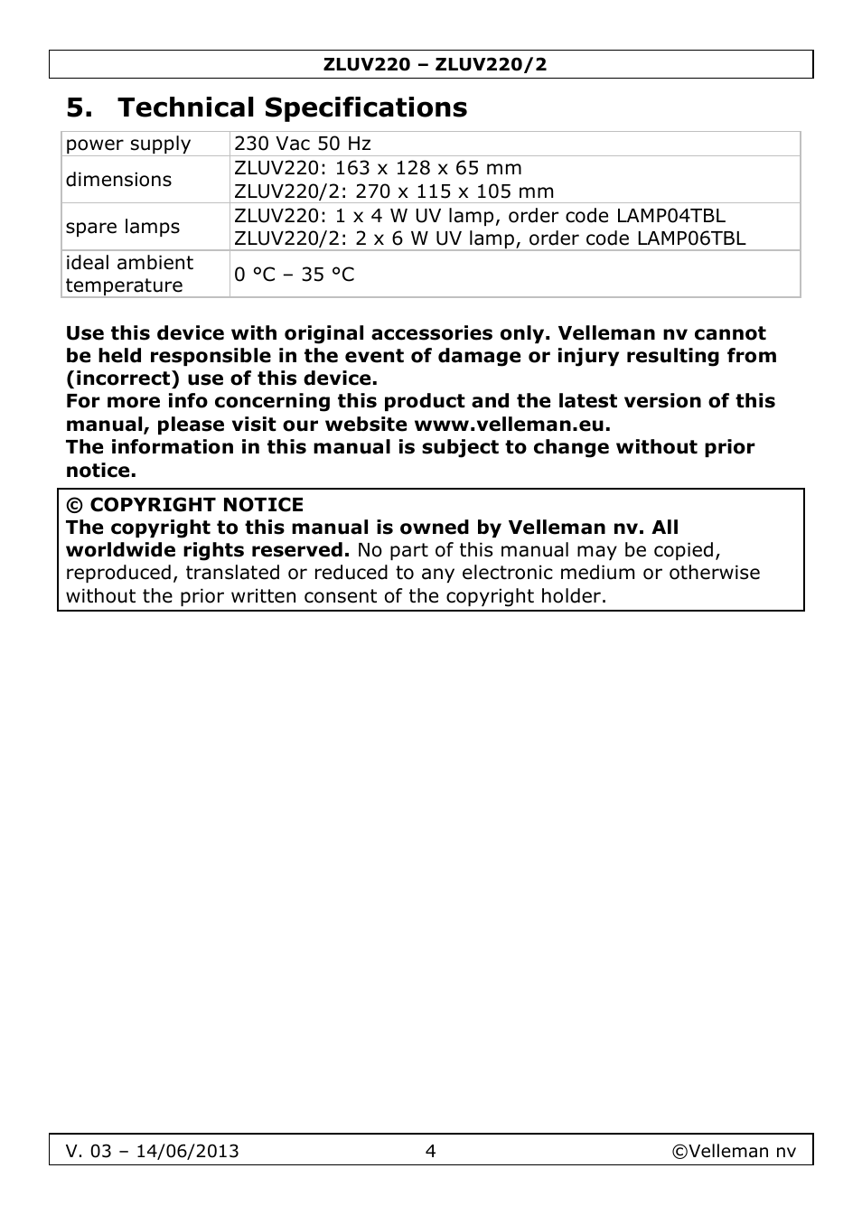 Technical specifications | Velleman ZLUV220 User Manual | Page 4 / 18