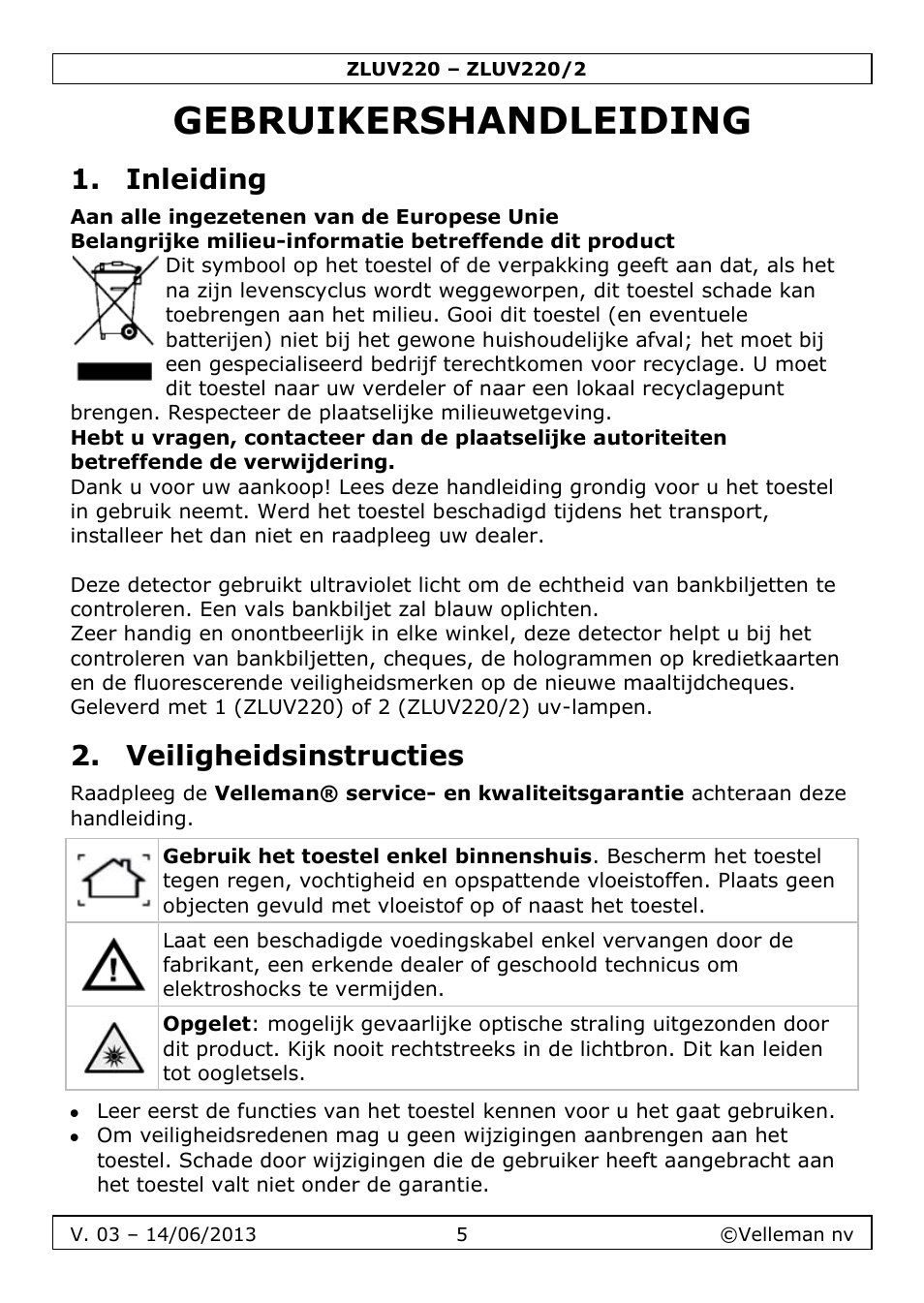Gebruikershandleiding, Inleiding, Veiligheidsinstructies | Velleman ZLUV220 User Manual | Page 5 / 18