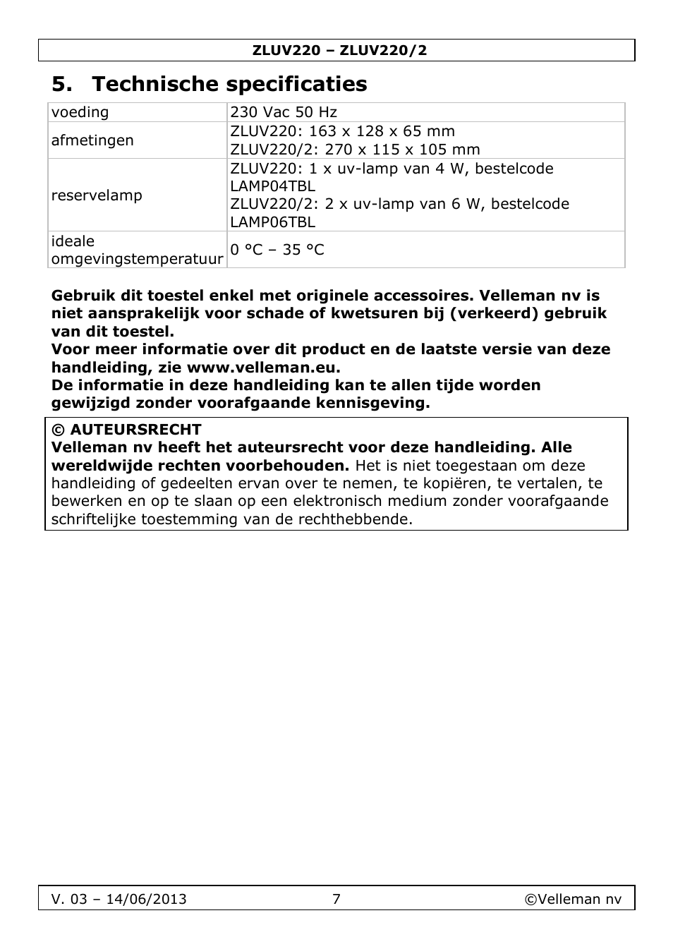 Technische specificaties | Velleman ZLUV220 User Manual | Page 7 / 18