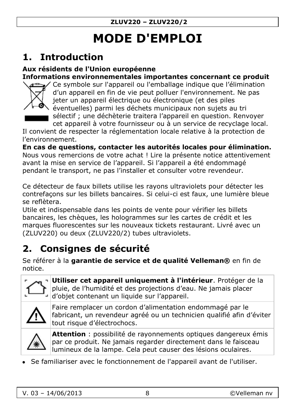 Mode d'emploi, Introduction, Consignes de sécurité | Velleman ZLUV220 User Manual | Page 8 / 18