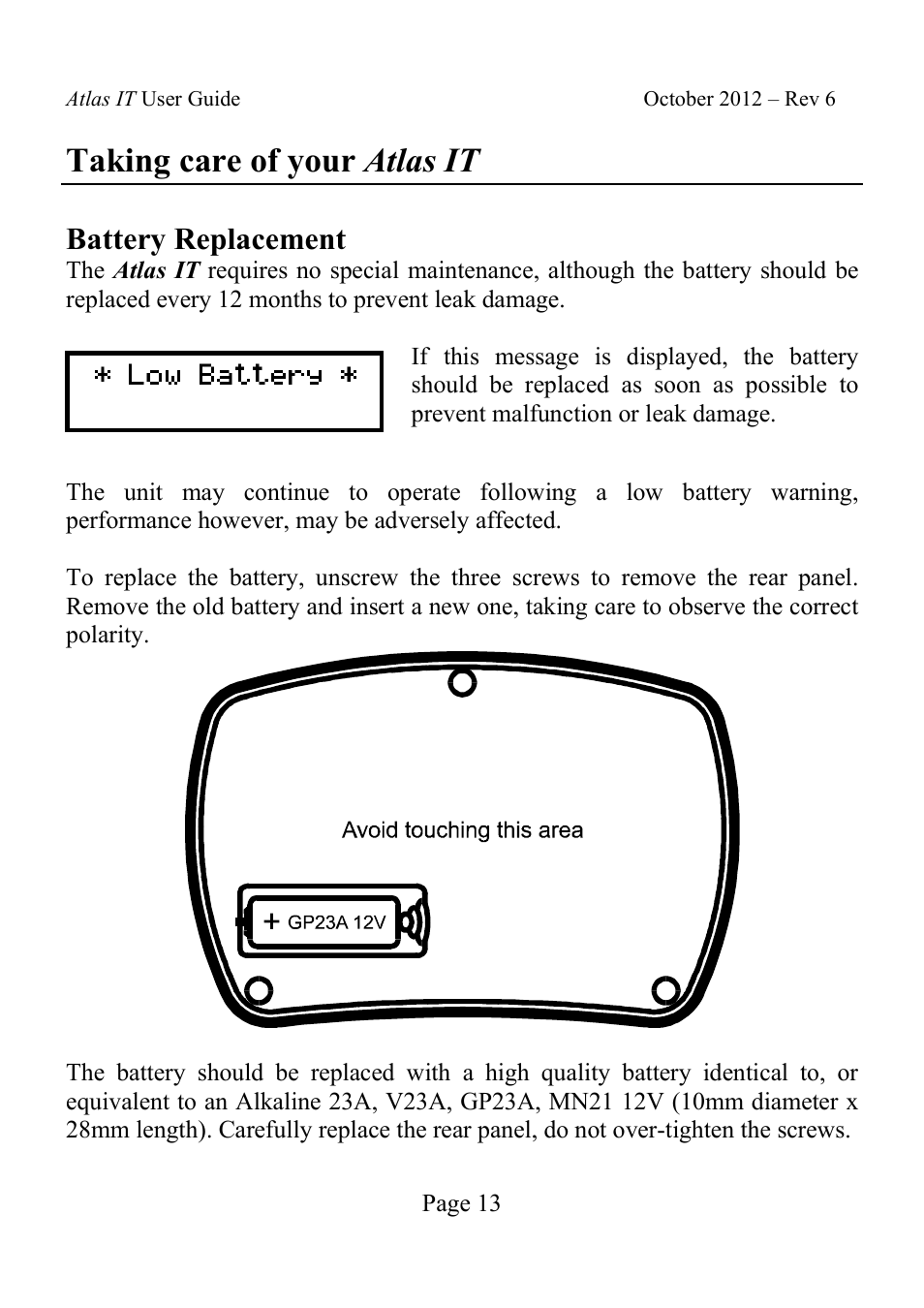 Taking care of your atlas it, Battery replacement | Velleman UTP05 User Manual | Page 14 / 19