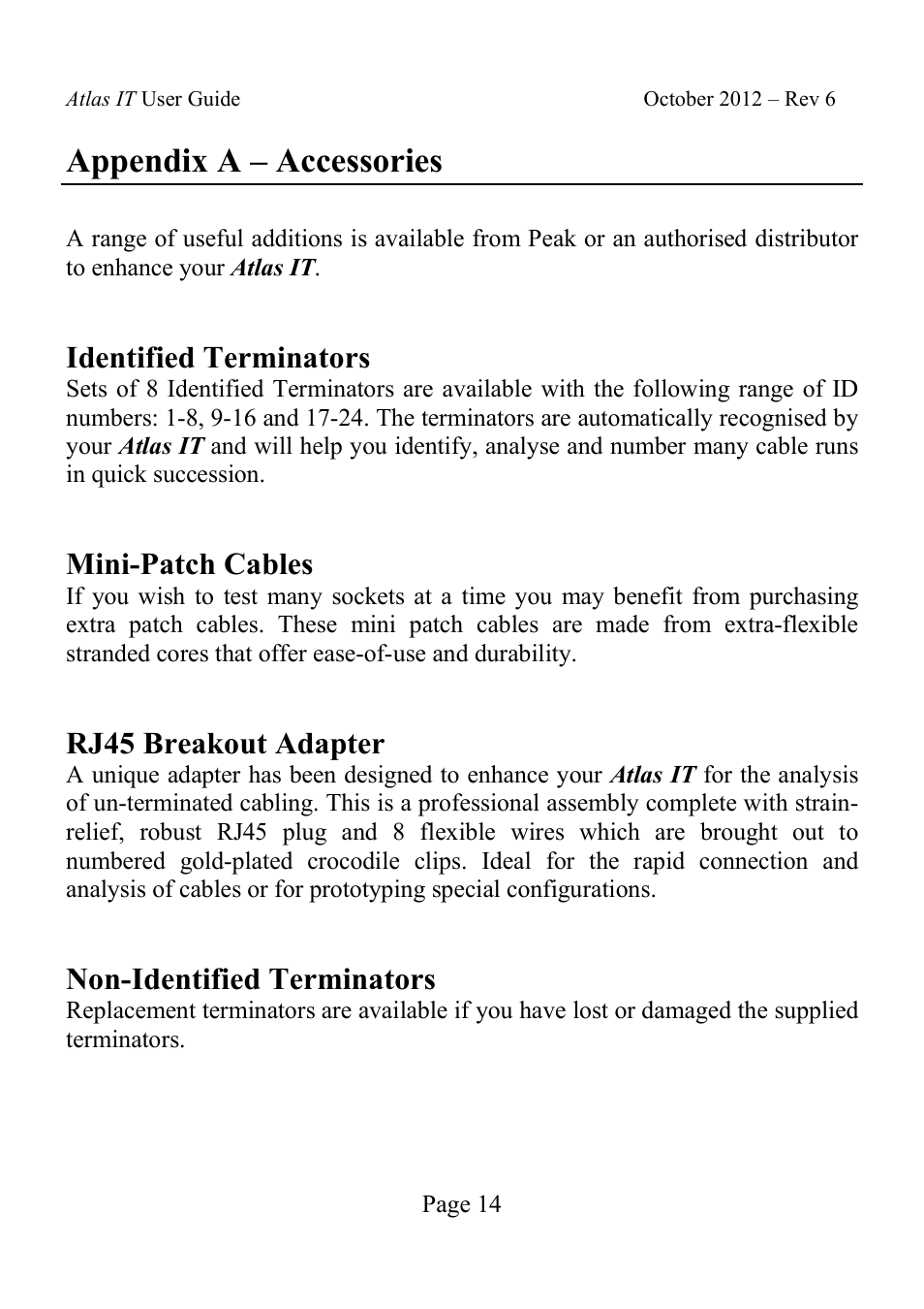 Appendix a – accessories, Identified terminators, Mini-patch cables | Rj45 breakout adapter, Non-identified terminators | Velleman UTP05 User Manual | Page 15 / 19