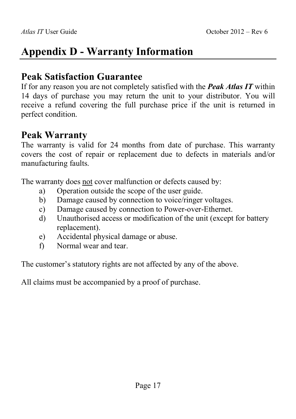 Appendix d - warranty information, Peak satisfaction guarantee, Peak warranty | Velleman UTP05 User Manual | Page 18 / 19