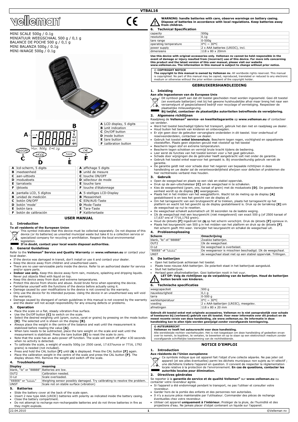 Velleman VTBAL16 User Manual | 2 pages