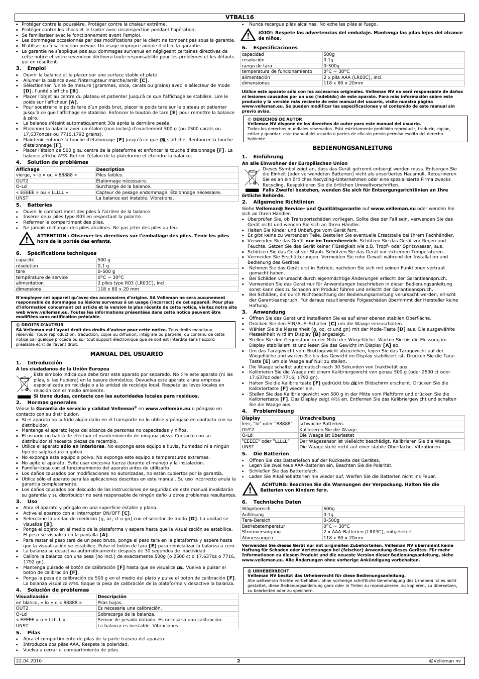 Velleman VTBAL16 User Manual | Page 2 / 2