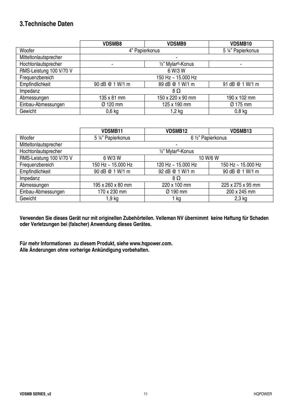 Technische daten | Velleman VDSMB10 User Manual | Page 11 / 12