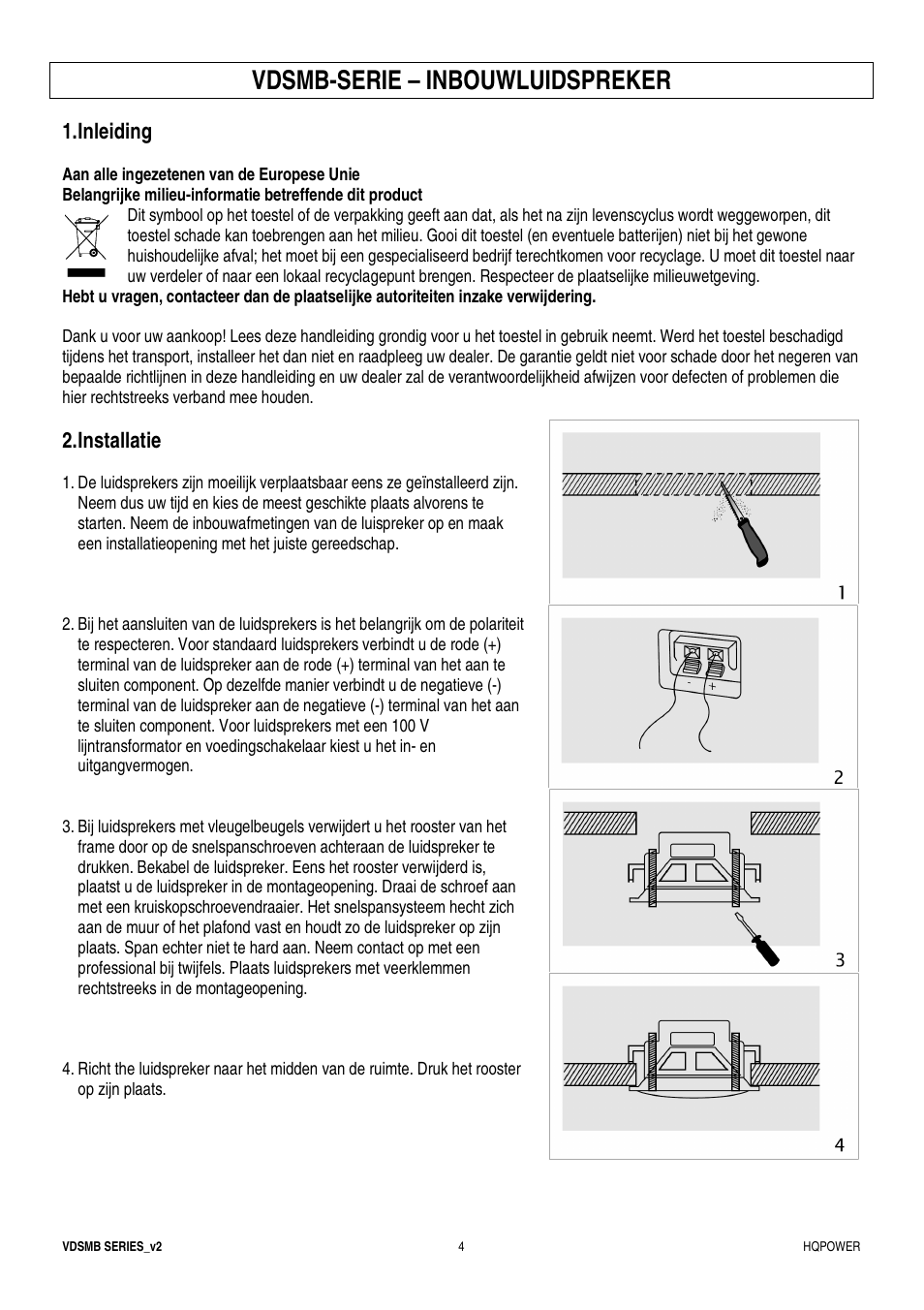 Vdsmb-serie – inbouwluidspreker, Inleiding, Installatie | Velleman VDSMB10 User Manual | Page 4 / 12