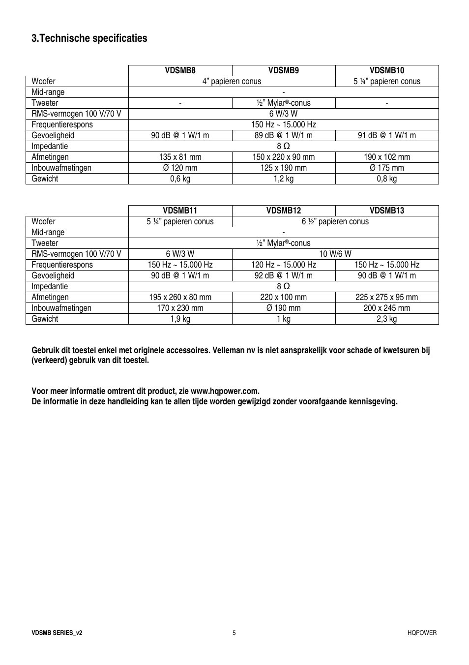 Technische specificaties | Velleman VDSMB10 User Manual | Page 5 / 12