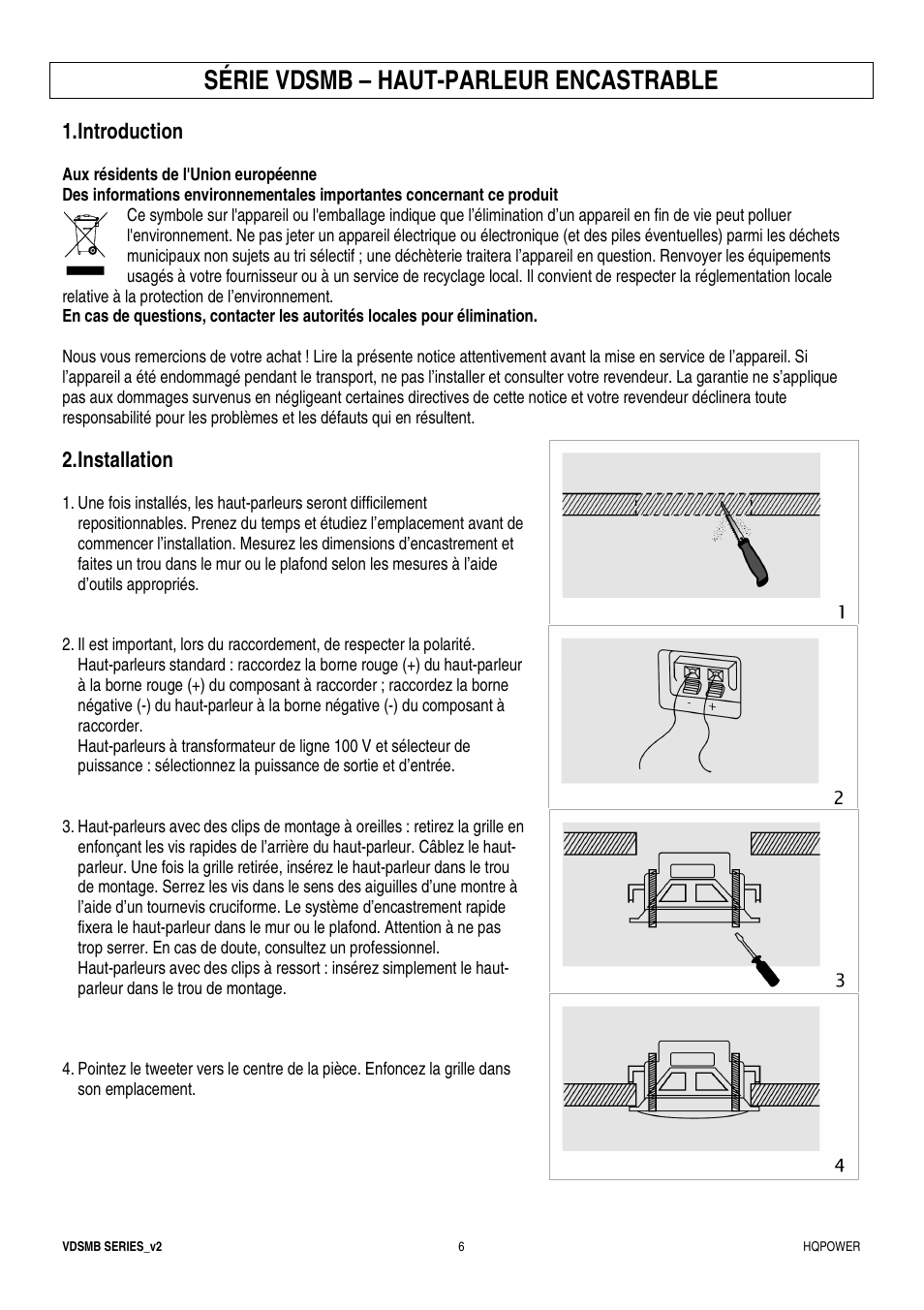 Série vdsmb – haut-parleur encastrable, Introduction, Installation | Velleman VDSMB10 User Manual | Page 6 / 12