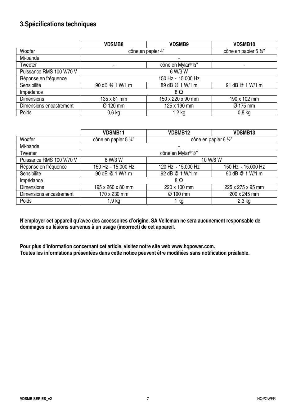 Spécifications techniques | Velleman VDSMB10 User Manual | Page 7 / 12