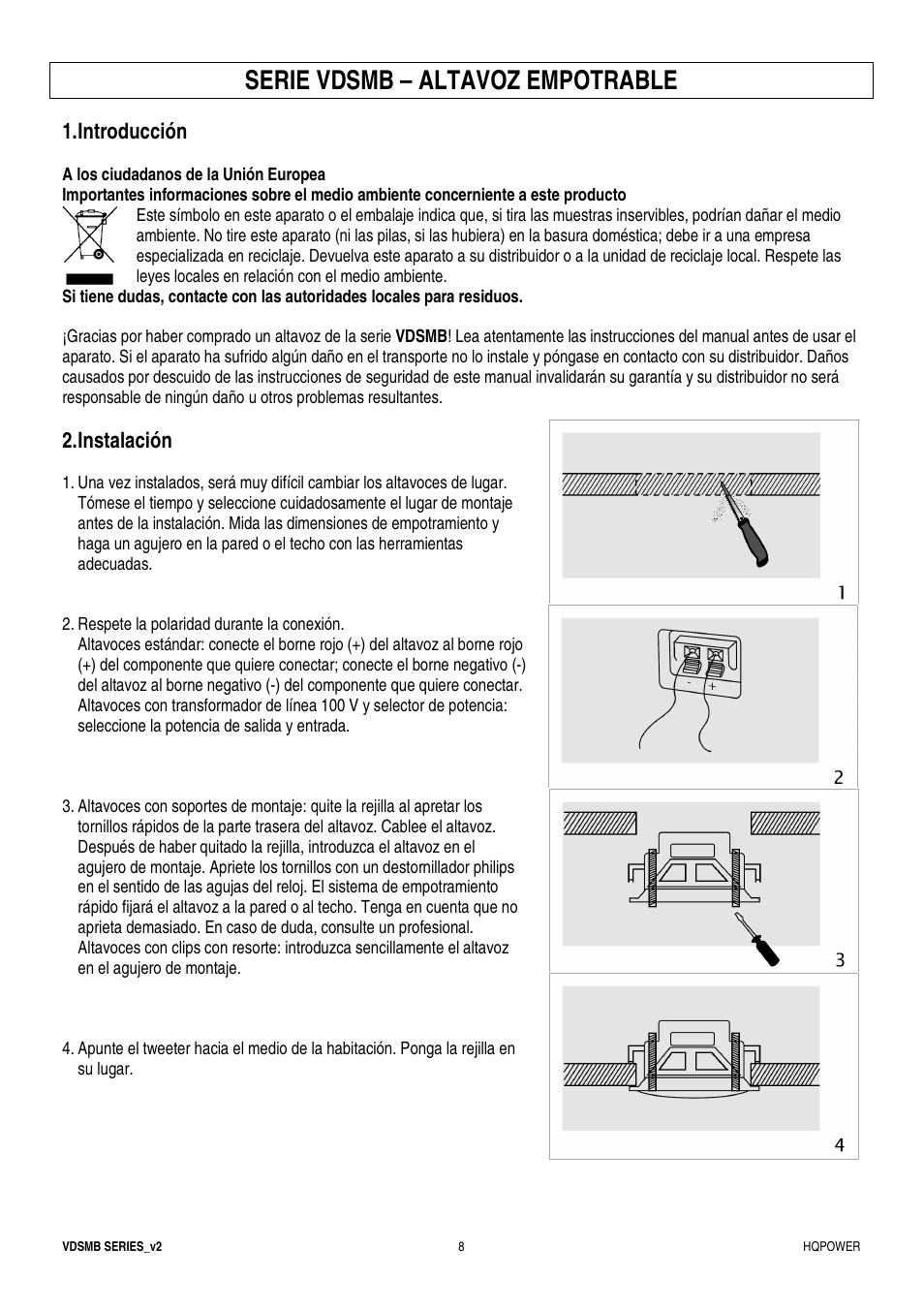 Serie vdsmb – altavoz empotrable, Introducción, Instalación | Velleman VDSMB10 User Manual | Page 8 / 12
