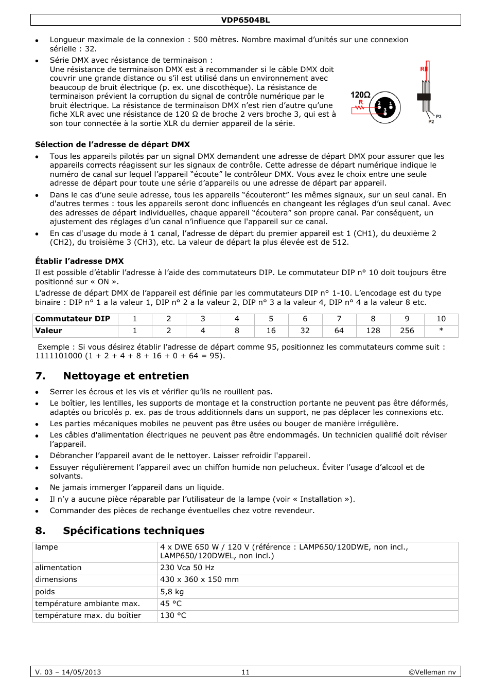 Sélection de l’adresse de départ dmx, Établir l’adresse dmx, Nettoyage et entretien | Spécifications techniques | Velleman VDP6504BL User Manual | Page 11 / 20