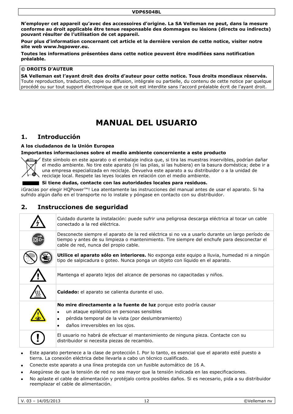 Manual del usuario, Introducción, Instrucciones de seguridad | Velleman VDP6504BL User Manual | Page 12 / 20