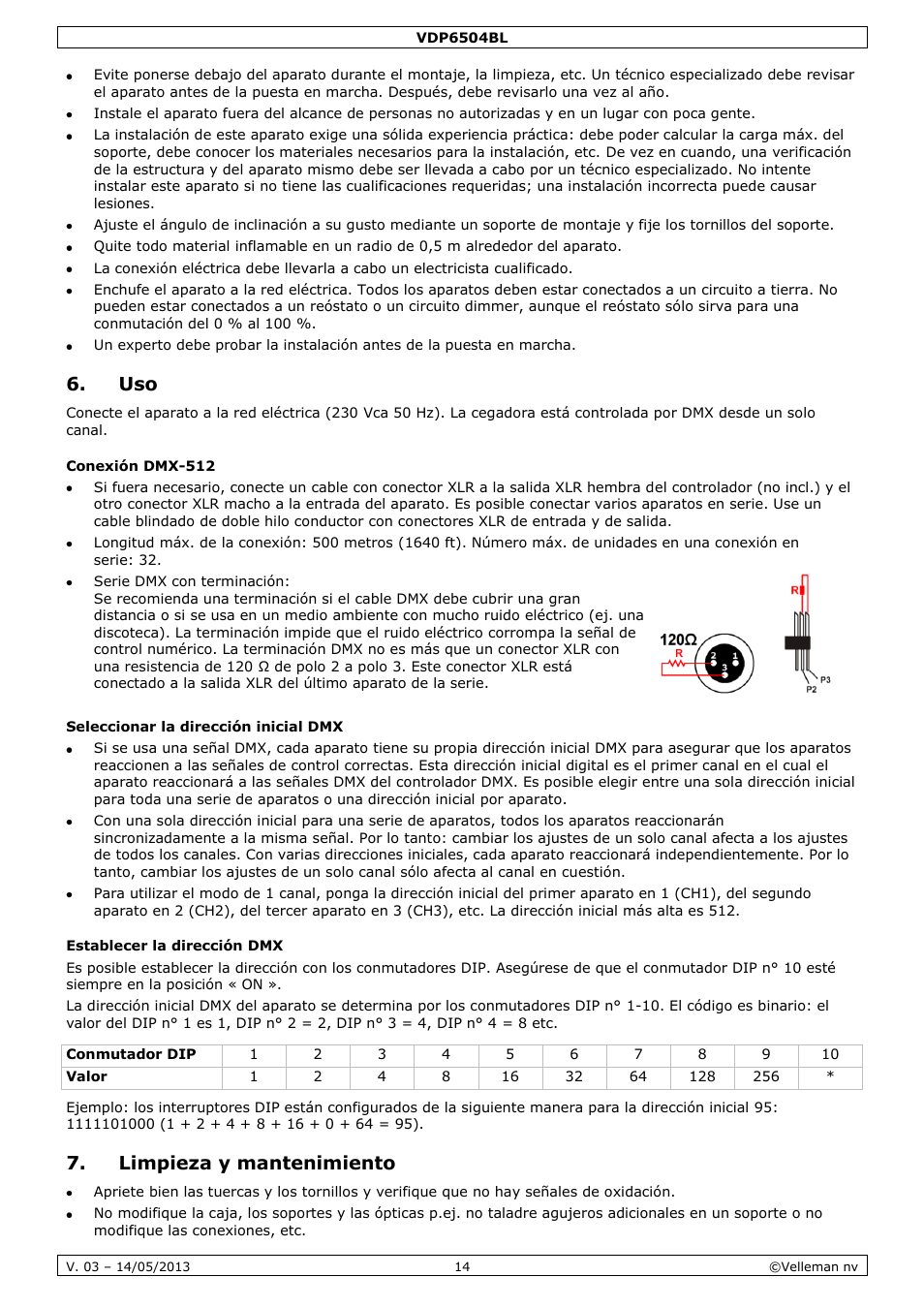 Conexión dmx-512, Seleccionar la dirección inicial dmx, Establecer la dirección dmx | Limpieza y mantenimiento | Velleman VDP6504BL User Manual | Page 14 / 20