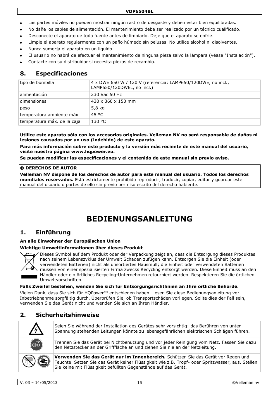 Especificaciones, Bedienungsanleitung, Einführung | Sicherheitshinweise | Velleman VDP6504BL User Manual | Page 15 / 20