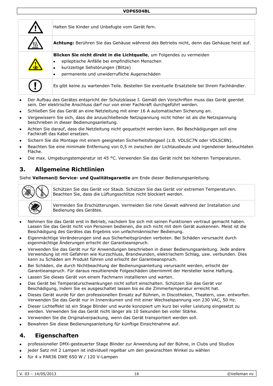 Allgemeine richtlinien, Eigenschaften | Velleman VDP6504BL User Manual | Page 16 / 20