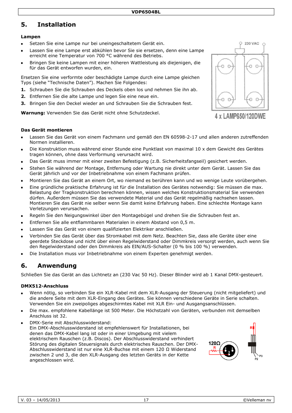 Installation, Lampen, Das gerät montieren | Anwendung, Dmx512-anschluss | Velleman VDP6504BL User Manual | Page 17 / 20