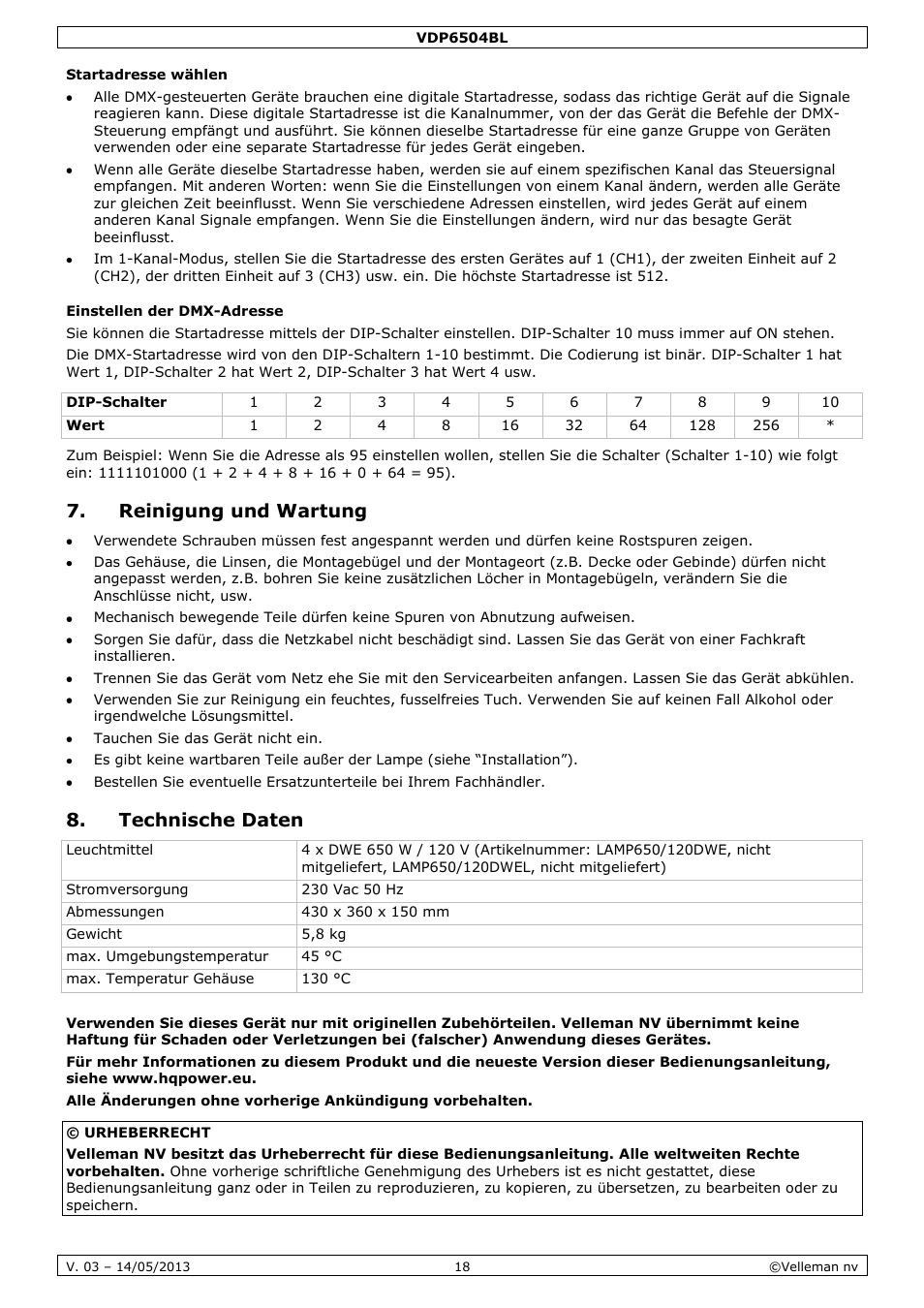 Startadresse wählen, Einstellen der dmx-adresse, Reinigung und wartung | Technische daten | Velleman VDP6504BL User Manual | Page 18 / 20