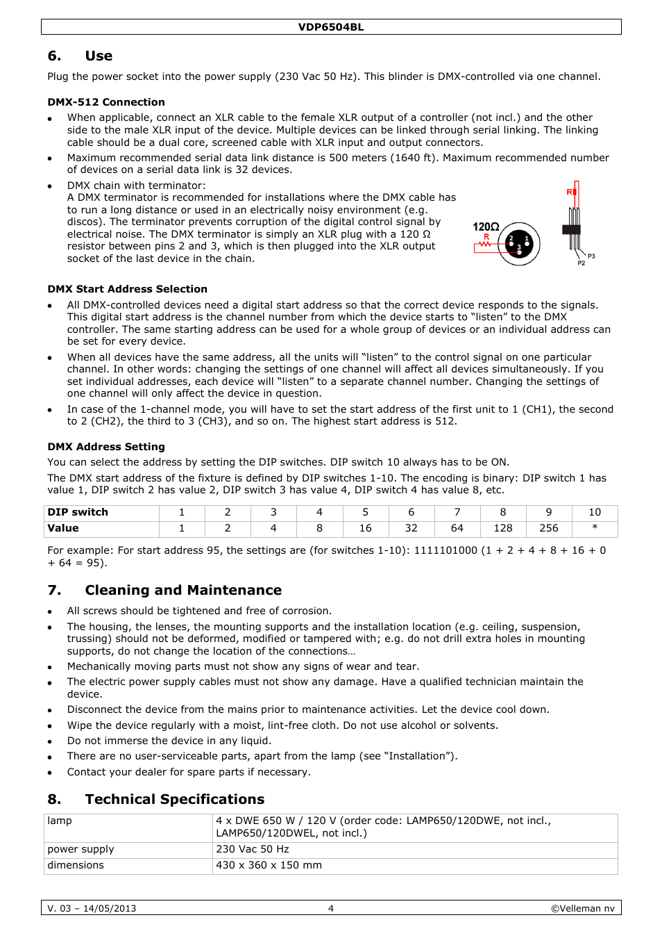 Dmx-512 connection, Dmx start address selection, Dmx address setting | Cleaning and maintenance, Technical specifications | Velleman VDP6504BL User Manual | Page 4 / 20