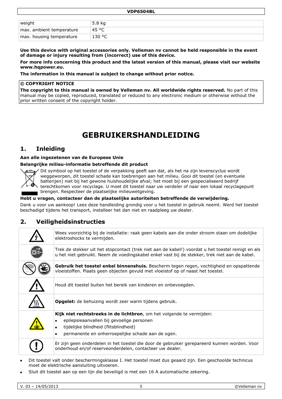 Gebruikershandleiding, Inleiding, Veiligheidsinstructies | Velleman VDP6504BL User Manual | Page 5 / 20