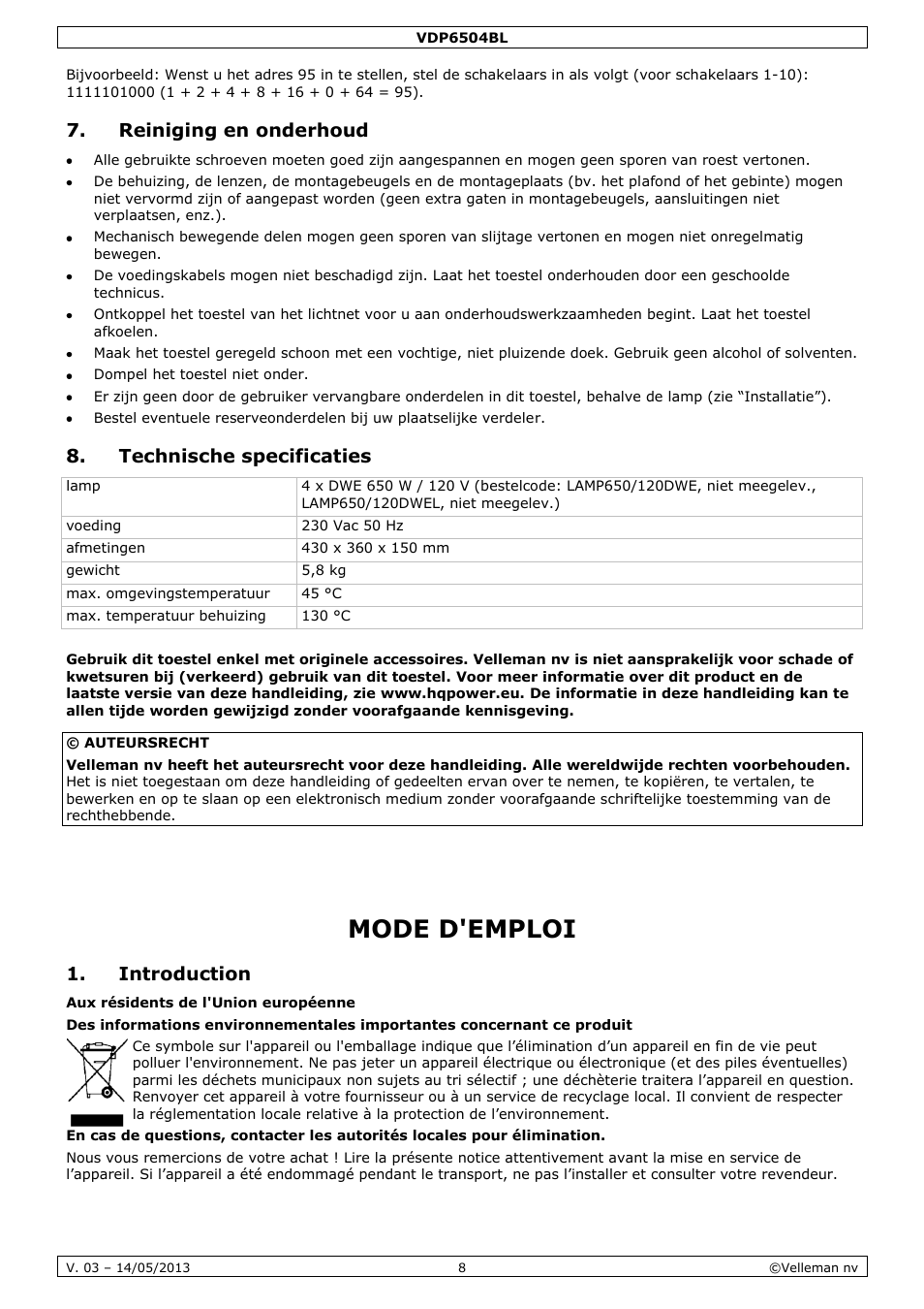 Reiniging en onderhoud, Technische specificaties, Mode d'emploi | Introduction | Velleman VDP6504BL User Manual | Page 8 / 20