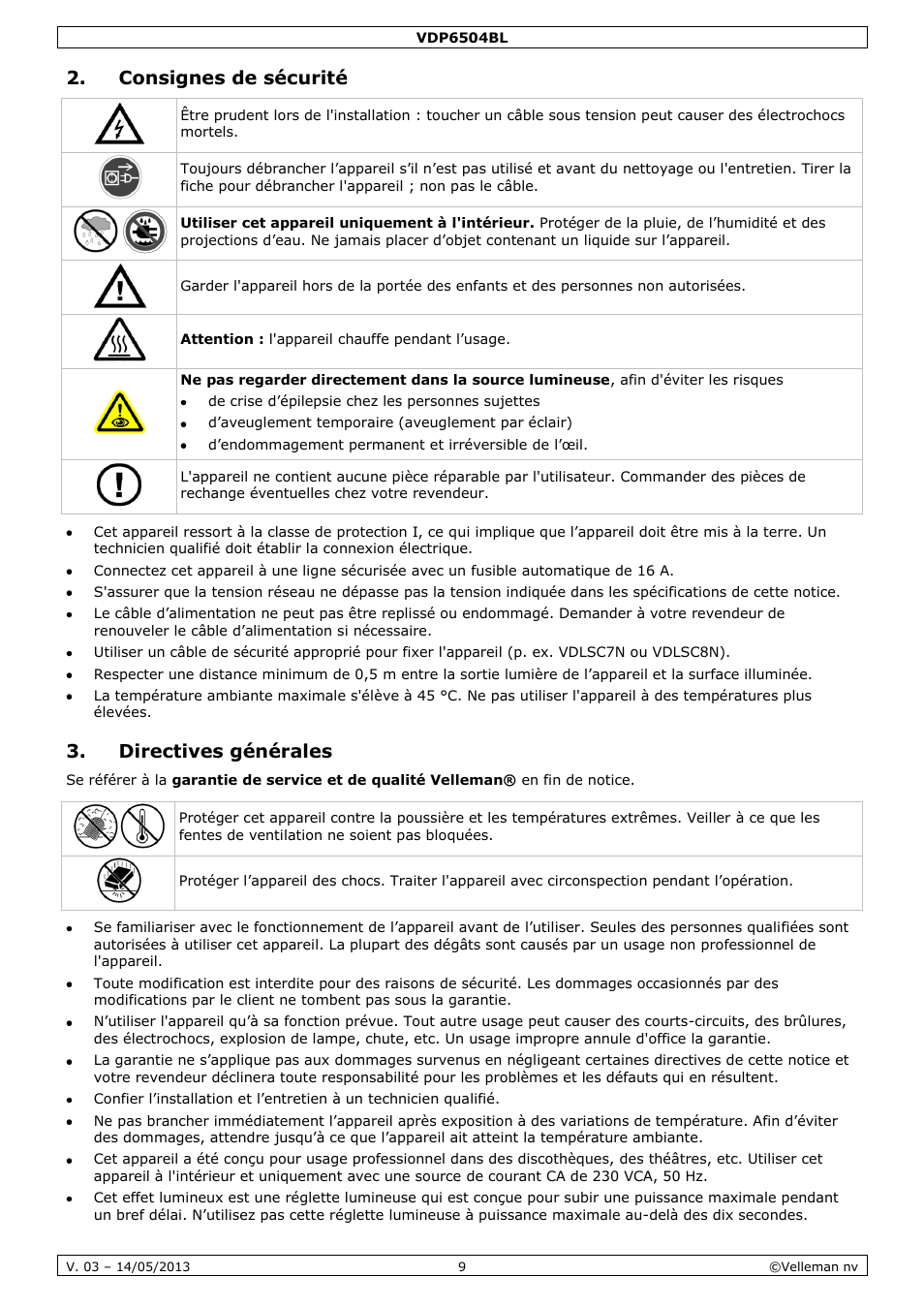 Consignes de sécurité, Directives générales | Velleman VDP6504BL User Manual | Page 9 / 20