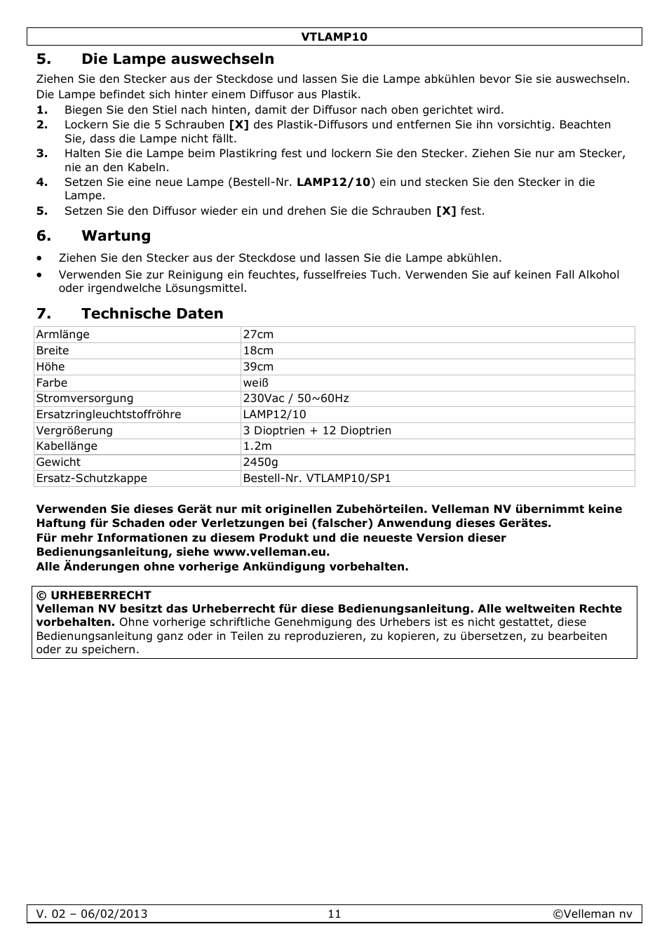 Die lampe auswechseln, Wartung, Technische daten | Velleman VTLAMP10 User Manual | Page 11 / 17